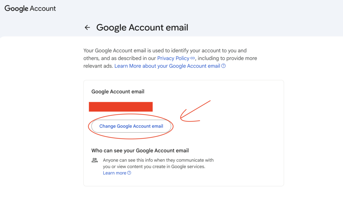 Change Google Account Email button