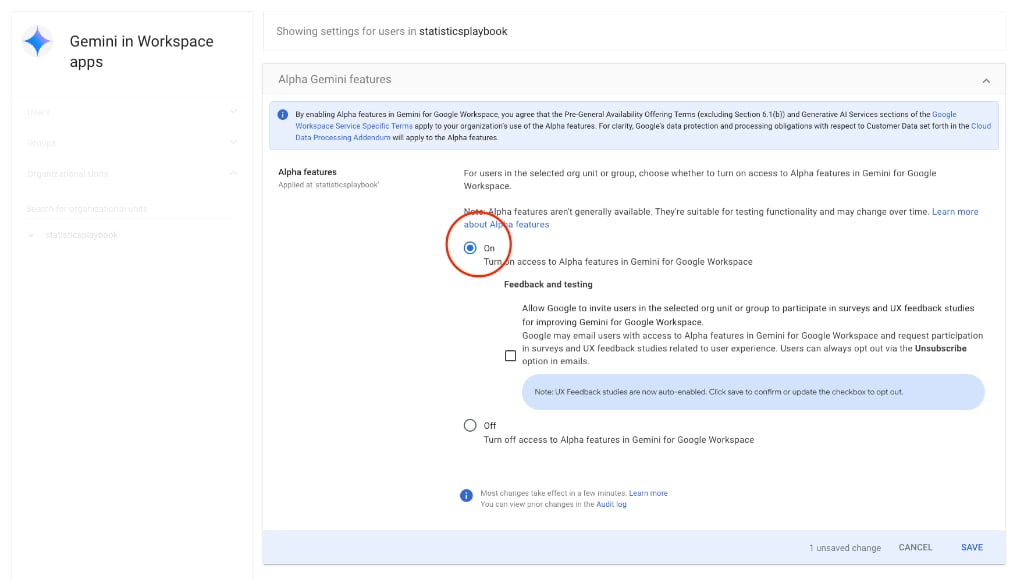 Turning on Gemini Alpha features in the Google Workspace Admin Console