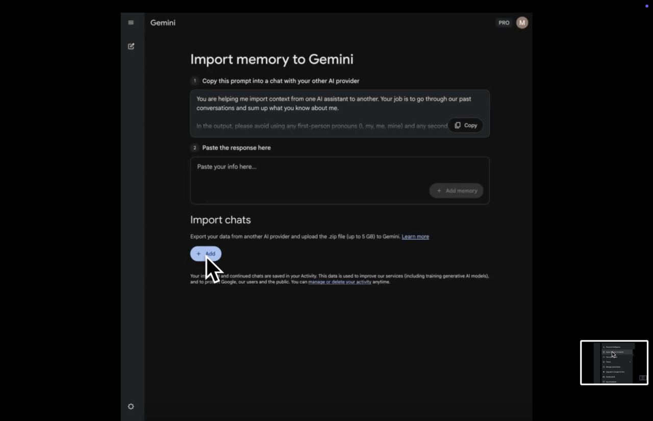 Gemini Speicherimport-Bildschirm