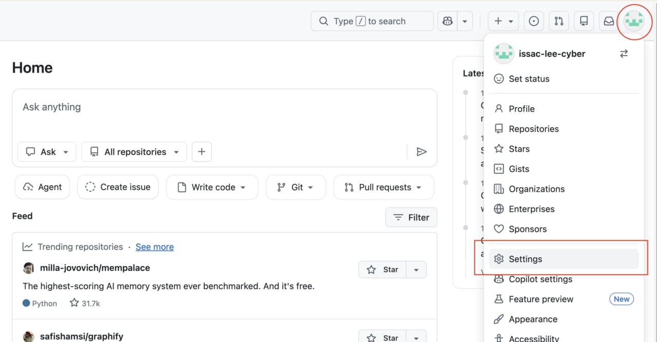 GitHub Profile Settings Dropdown