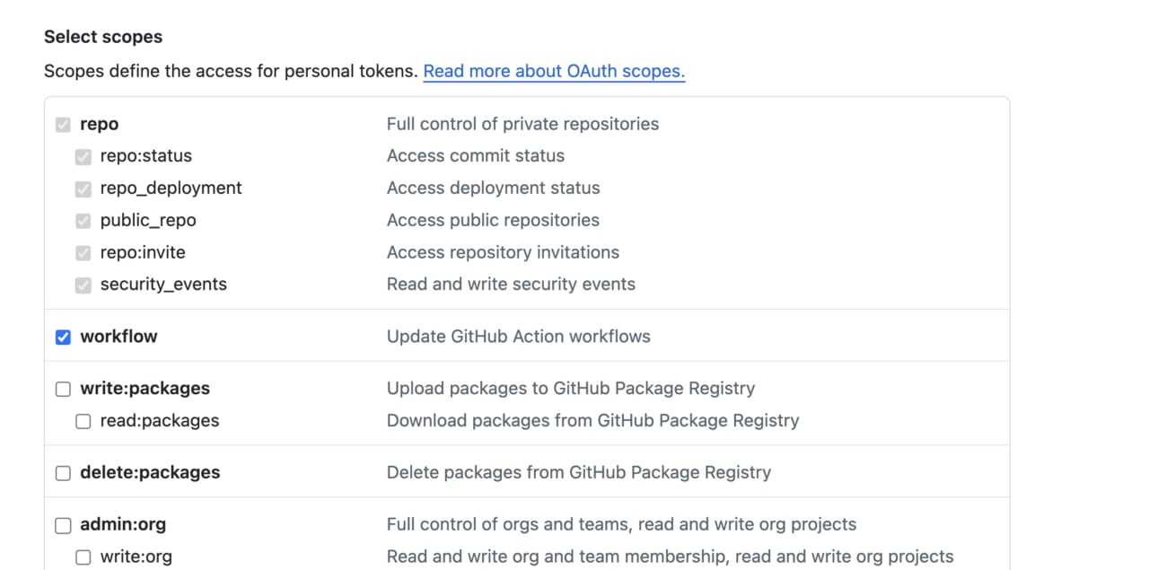 GitHub Token Scopes Repo Workflow Selection