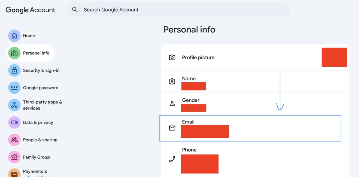 Google Account Contact Info Email section