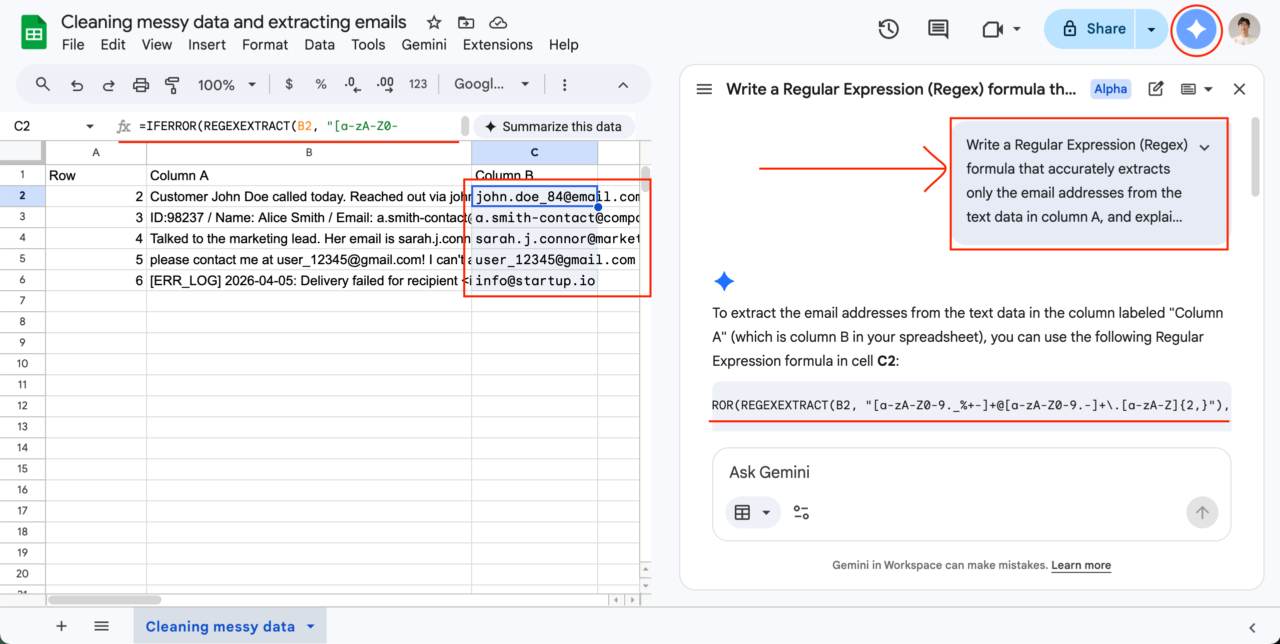 Google Sheets Gemini Datenbereinigung und Erstellung von regulären Ausdrücken (Regex)